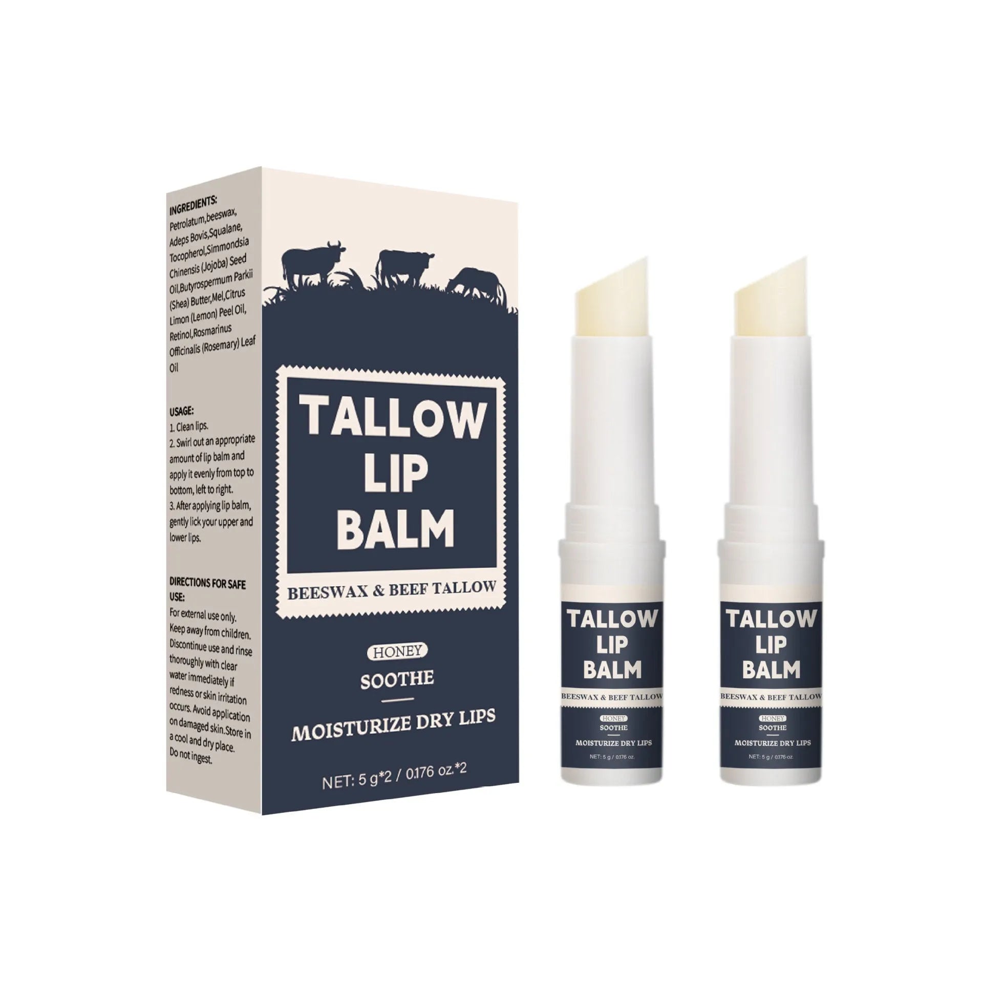 Two light grain soft full lips beef fat lip balm sticks for dry lips, suitable for whole family use