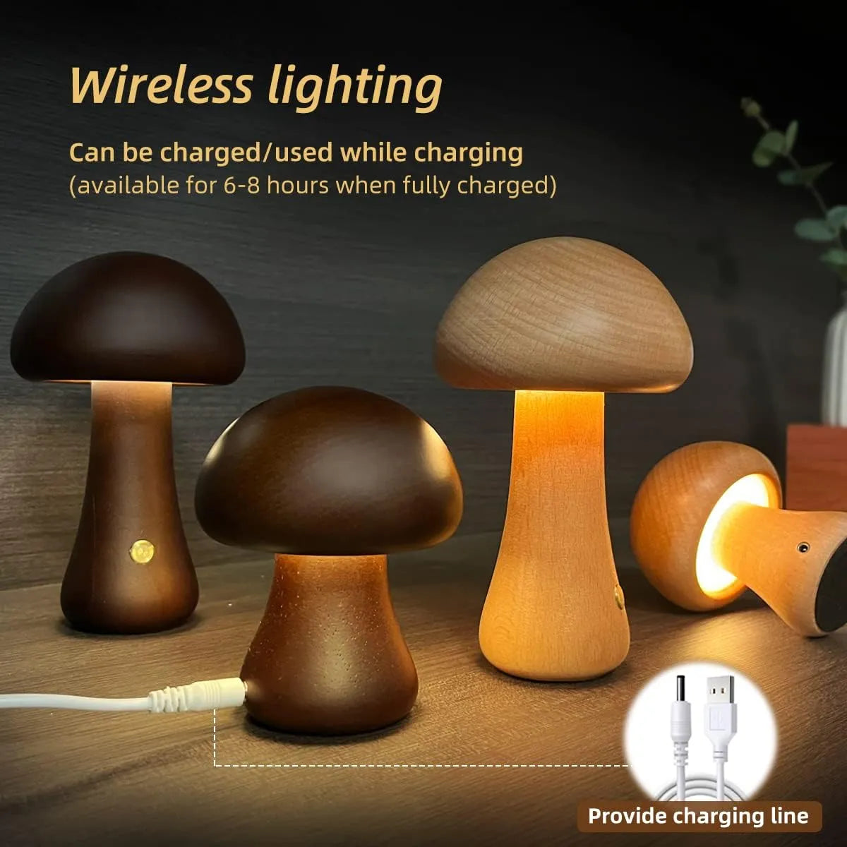 Wooden mushroom LED night light with touch switch, beech or walnut colour, 165 x 100 mm bedside lamp