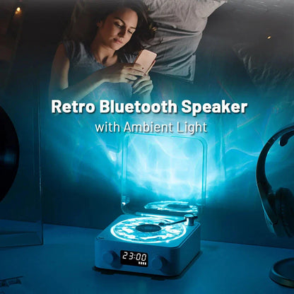 Retro Bluetooth Vinyl Record Player with Rotating Turntable, Nature Sounds, and RGB Lighting Effects