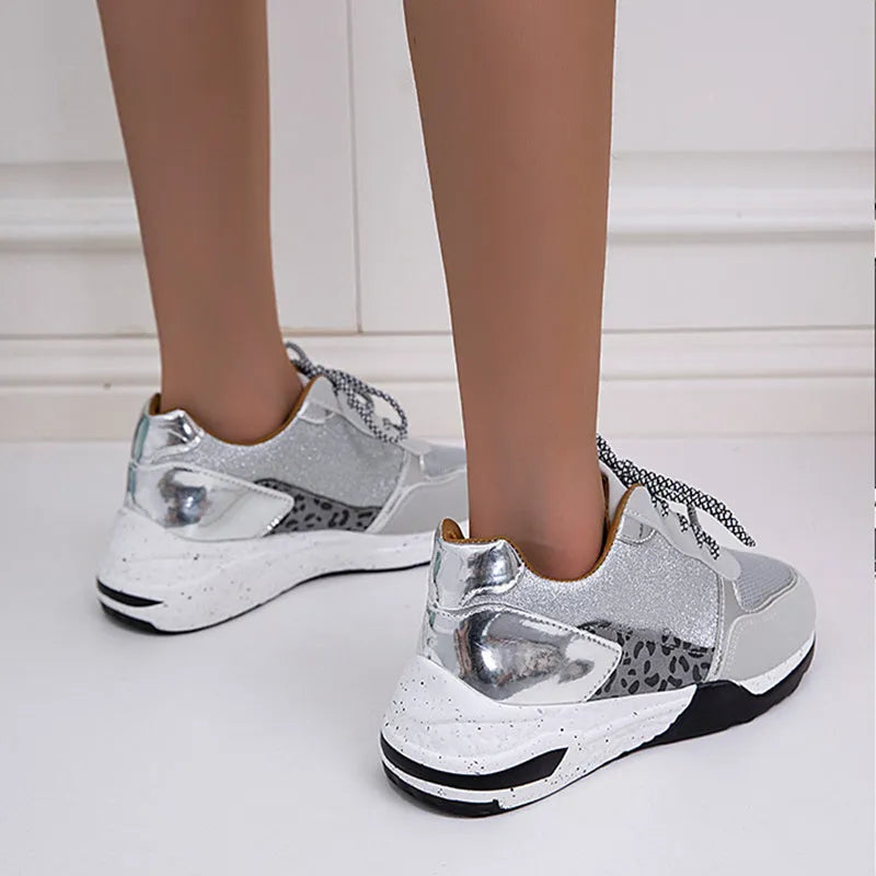 Women's lace up wedge flat sneakers in beige, round toe, artificial PU upper, side view
