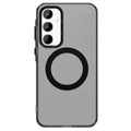 Front view of Samsung Galaxy S25 frosted matte magnetic phone case in black with built-in kickstand