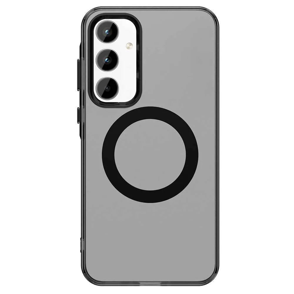 Front view of Samsung Galaxy S25 frosted matte magnetic phone case in black with built-in kickstand
