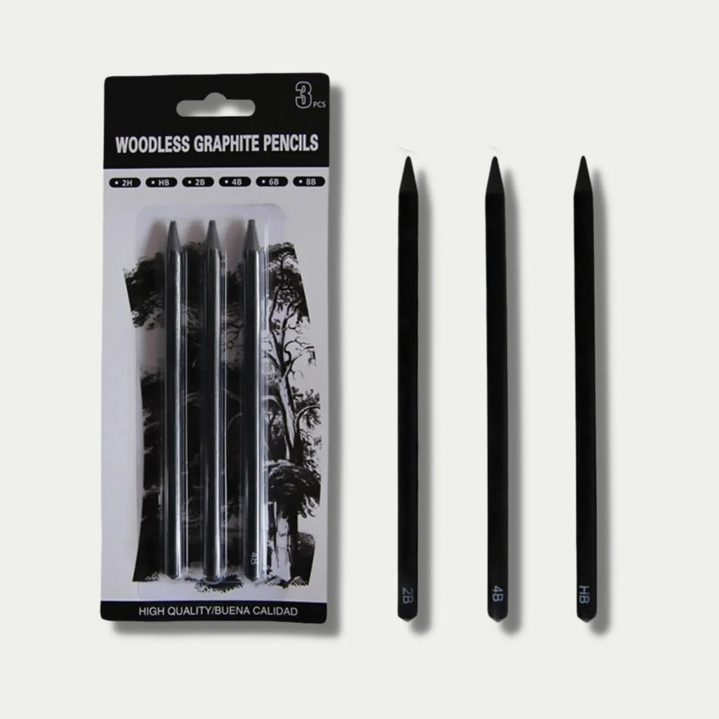 Set of six wood-free graphite full lead sketching pencils in a range of grades from HB to EE.