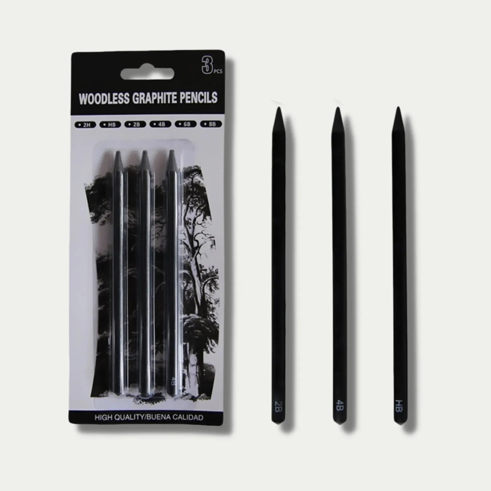 Set of six wood-free graphite full lead sketching pencils in a range of grades from HB to EE.