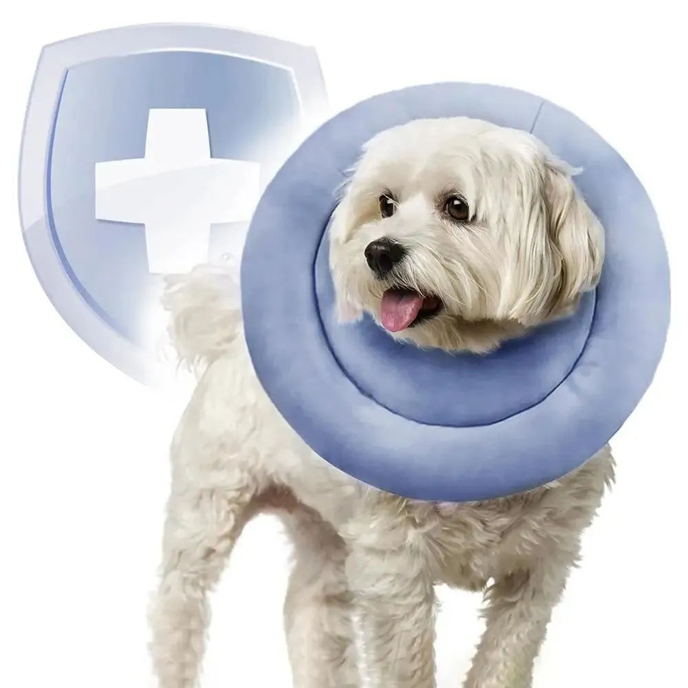 Blue adjustable Elizabethan recovery collar for a dog or cat on a white background