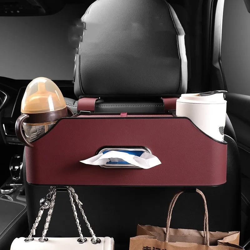 Genuine leather car tissue box organiser with integrated cup holder in five colour options.