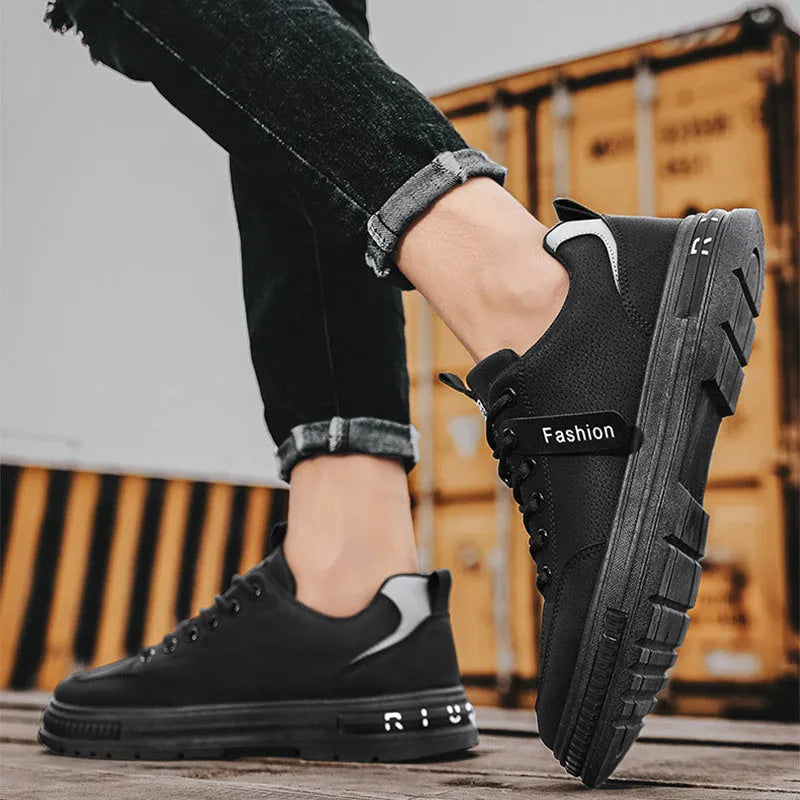 Men's black lace-up casual sneakers with artificial PU upper and rubber sole, flat heel, round toe