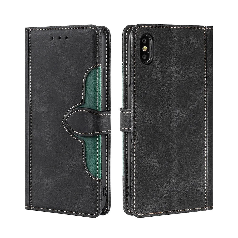 Flip phone case with card slot and kickstand bracket for Apple iPhone, available in black, brown, red, blue