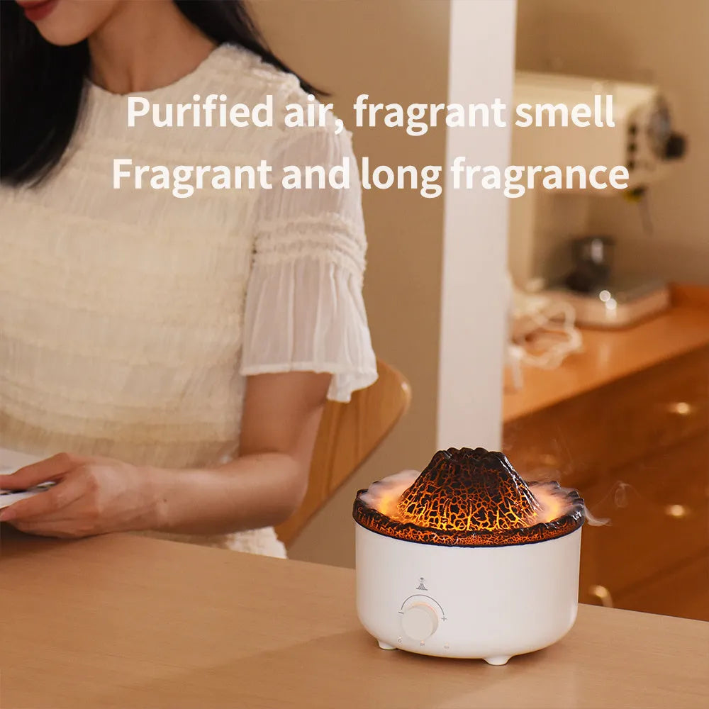White volcano-shaped humidifier with flame effect lighting and remote control