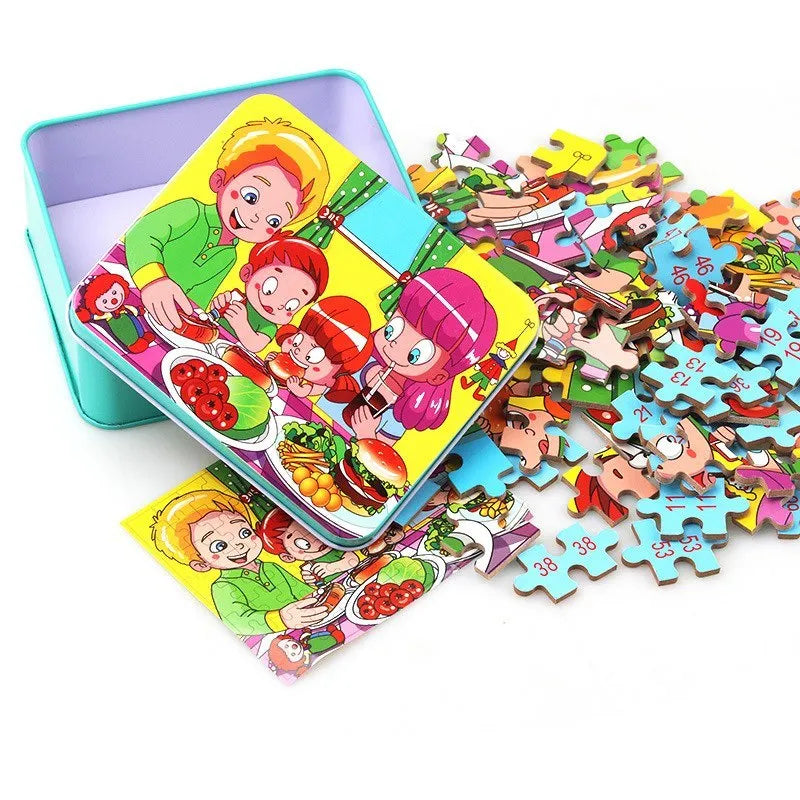 80-piece wooden educational puzzle set for children with animal designs in an iron storage box