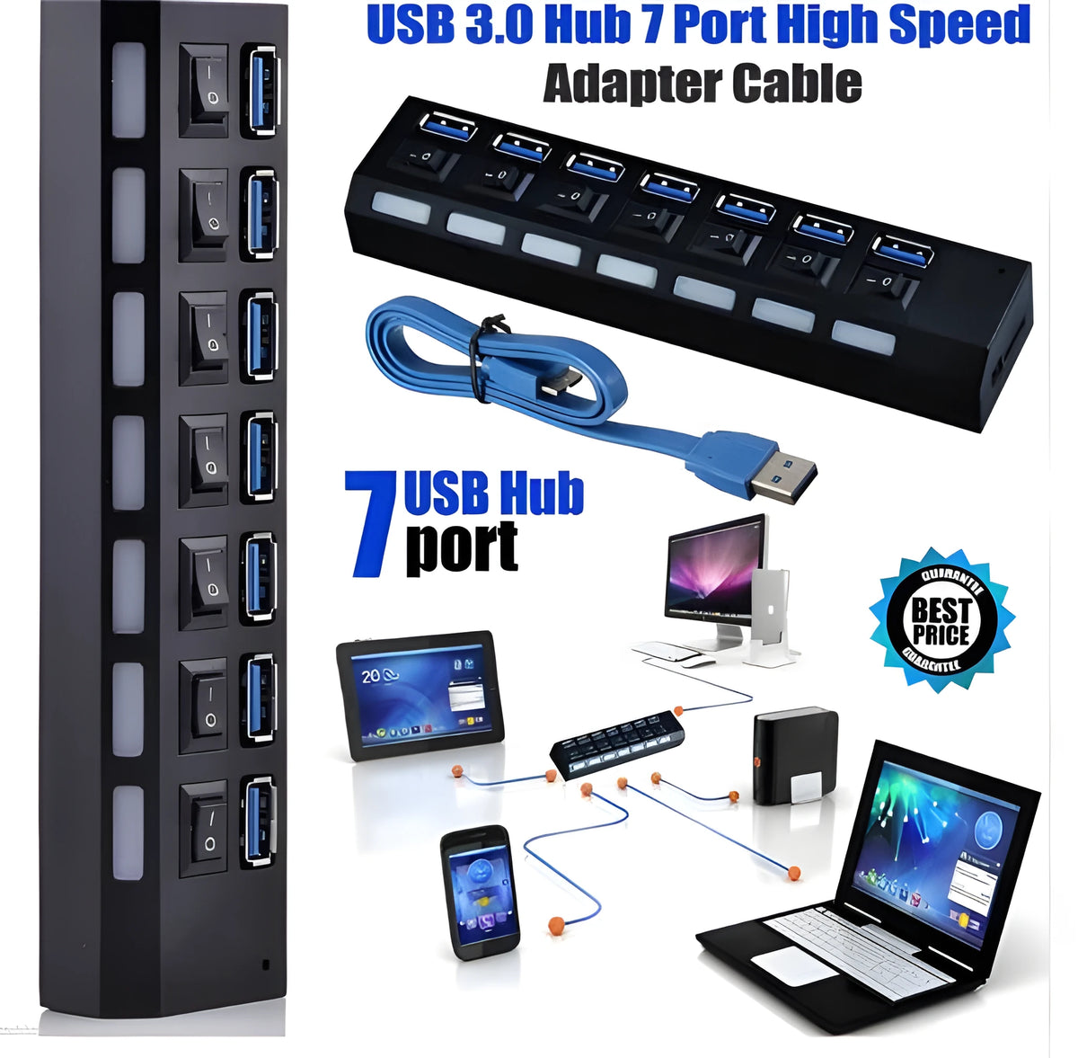 7 port USB 3.0 external hub with power adapter, ABS casing, black, US plug, front view