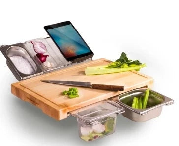 Premium bamboo cutting board with convenient storage trays for chopping, slicing, and dicing ingredients