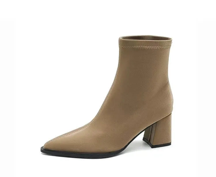 Women's khaki stretch suede pointed Martin boots with wedge heel on rubber sole