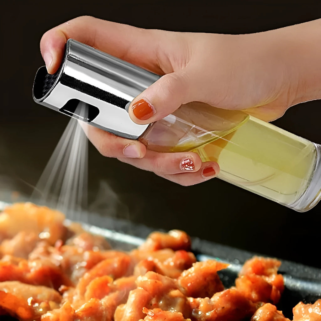 Gold push-type oil spray bottle with glass reservoir and ABS pump for BBQ and kitchen use