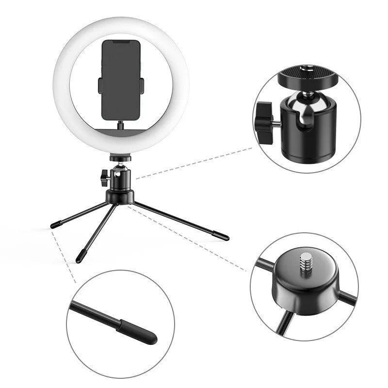10 inch ring fill light with tripod stand and phone holder for desktop live broadcast