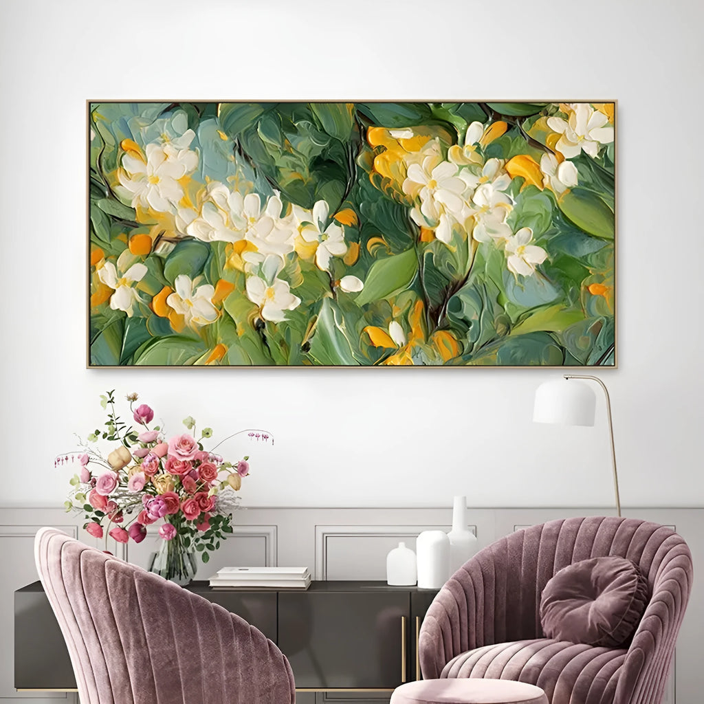 Handmade abstract floral oil painting on canvas with 3D texture, crabapple blossoms, frameless rolled artwork