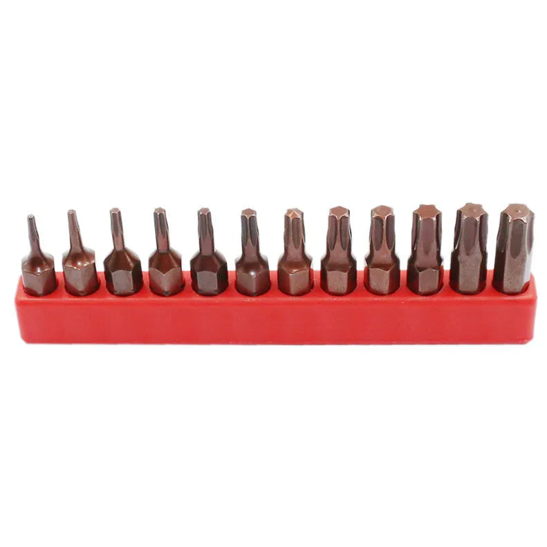 12-piece black magnetic screwdriver bit set showing T6 to T40 tips with hexagon shanks