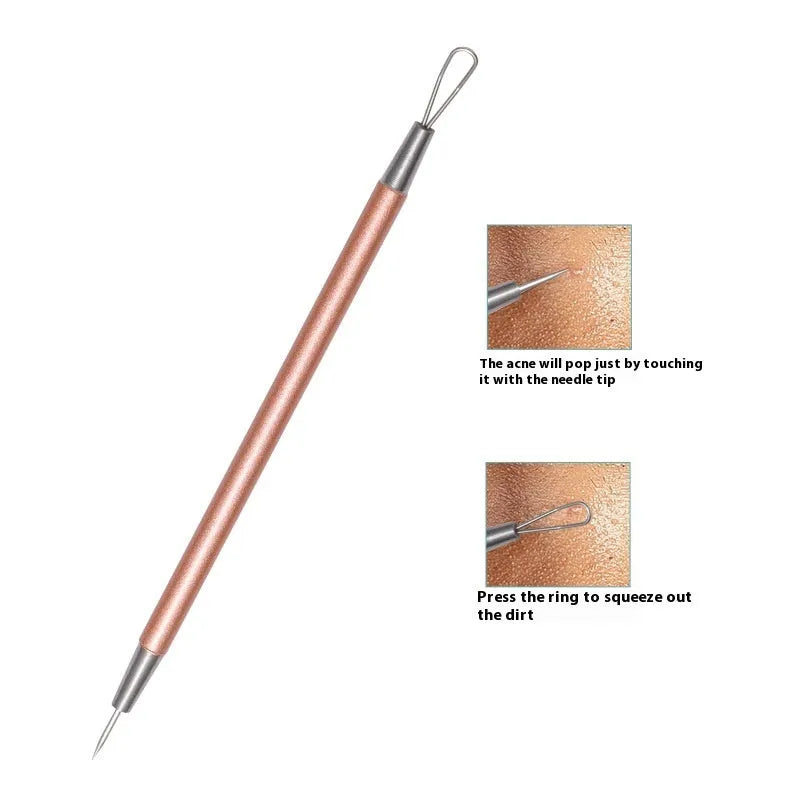 Six-piece stainless steel acne remover tool set in rose gold finish
