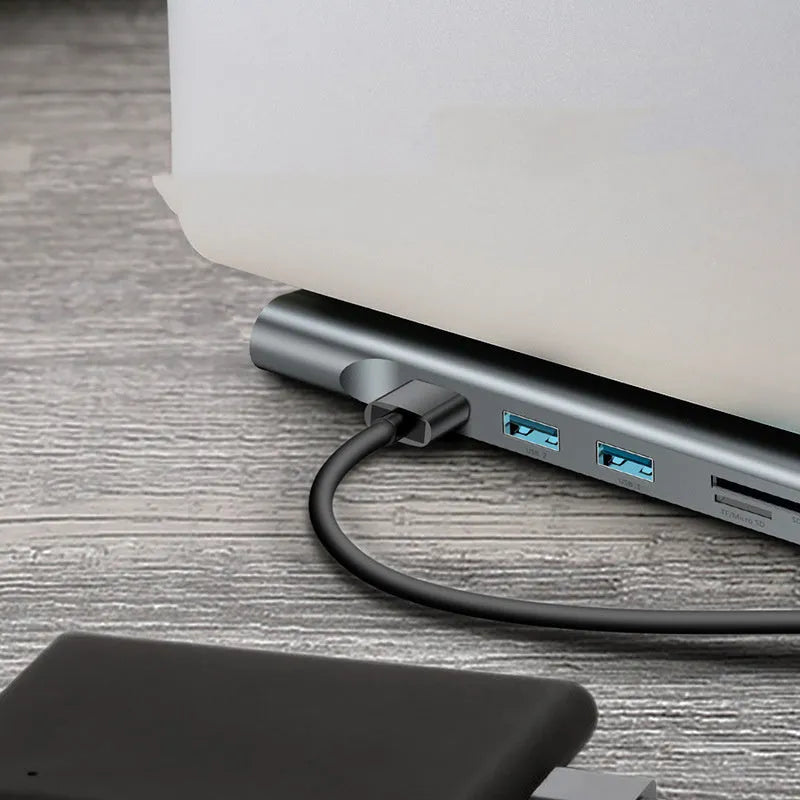 Ten-in-one USB-C multi-function adapter with aluminium alloy body and multiple ports in Space Grey