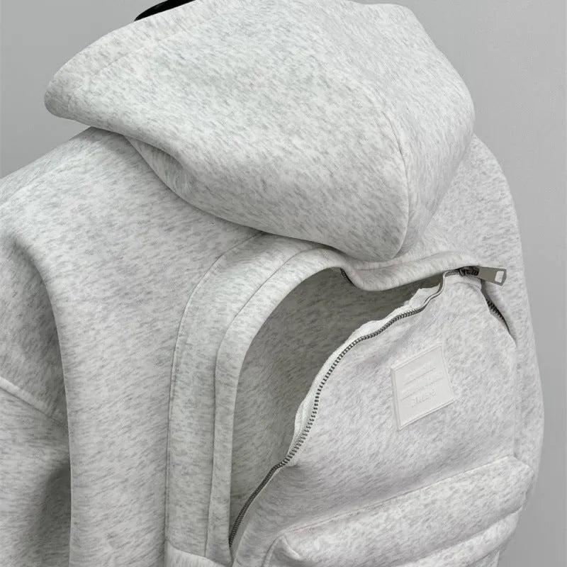Men's light grey hooded hoodie with schoolbag design, polyester cotton blend fabric, shown front view
