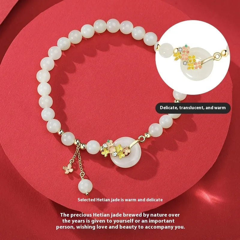 Osmanthus peace buckle bracelet with 6mm Hetian jade set in S925 sterling silver