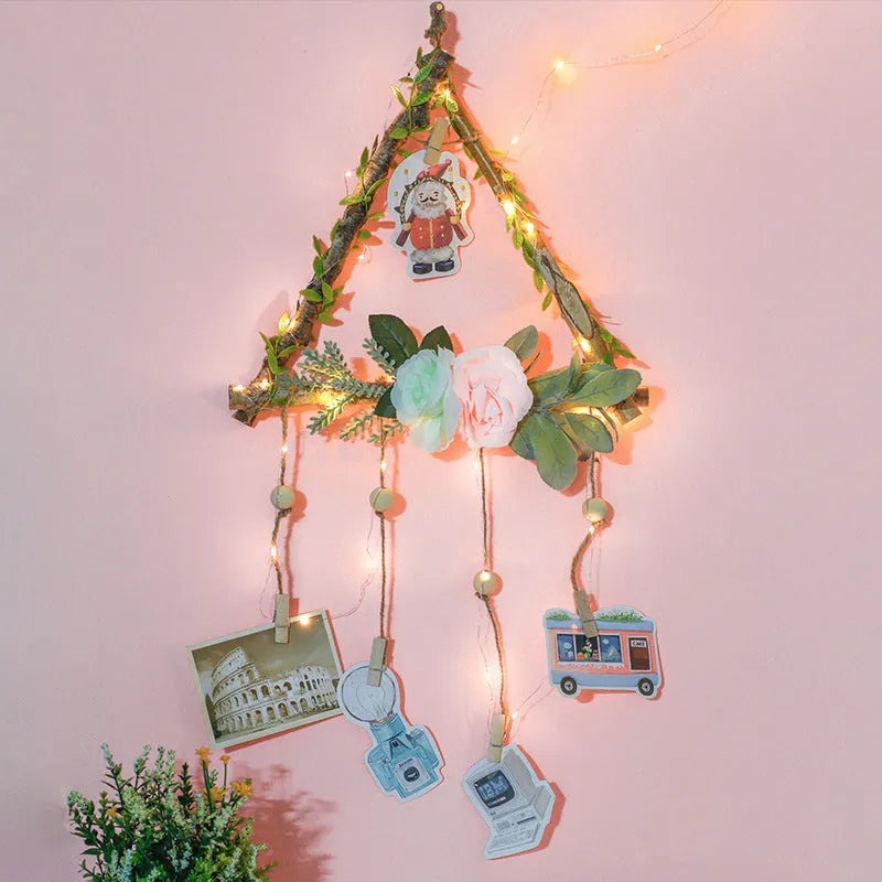 Wood and hemp rope wall hanging photo display pendant with wooden clips in three size options.