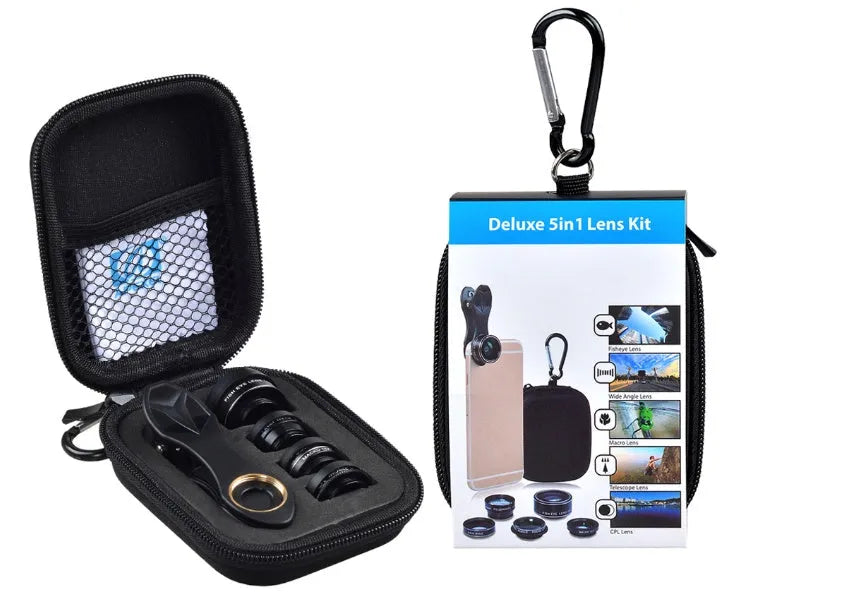 Universal 5 in 1 smartphone lens kit with fisheye, wide angle, macro, telephoto and CPL lenses on a table.