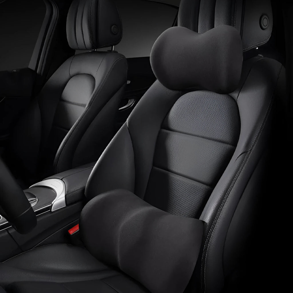 Car seat headrest and lumbar support pillows in black, grey, pink, green, and yellow colour options