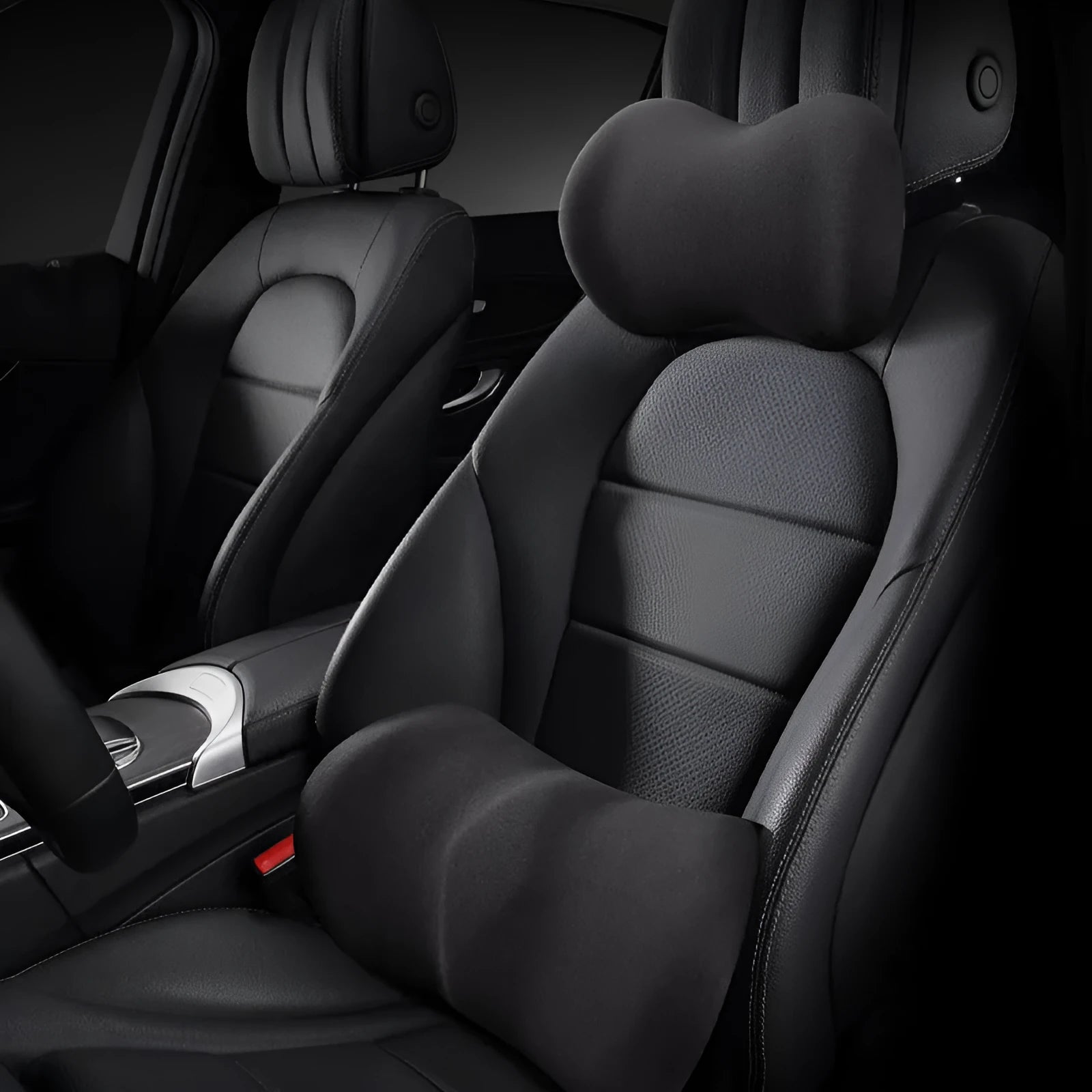 Car seat headrest and lumbar support pillows in black, grey, pink, green, and yellow colour options