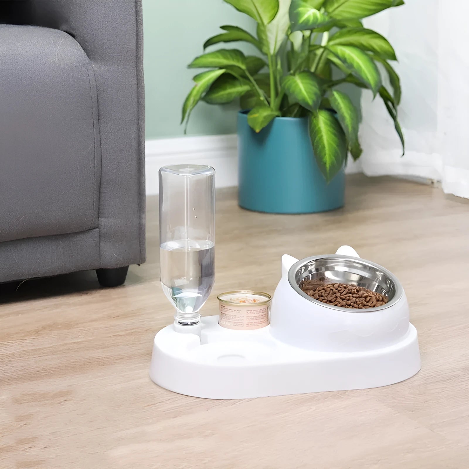 Huatang Season double bowl cat drinker and cat basin in grey, 32cm long, on a light background