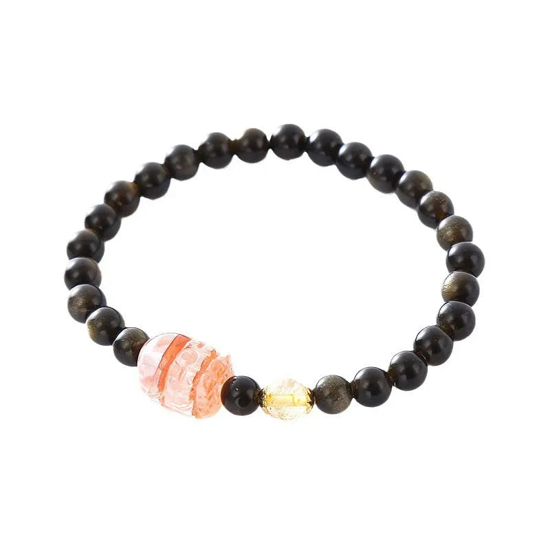 Natural obsidian Pi Xiu bracelet with zodiac motifs in ethnic retro style for men and women