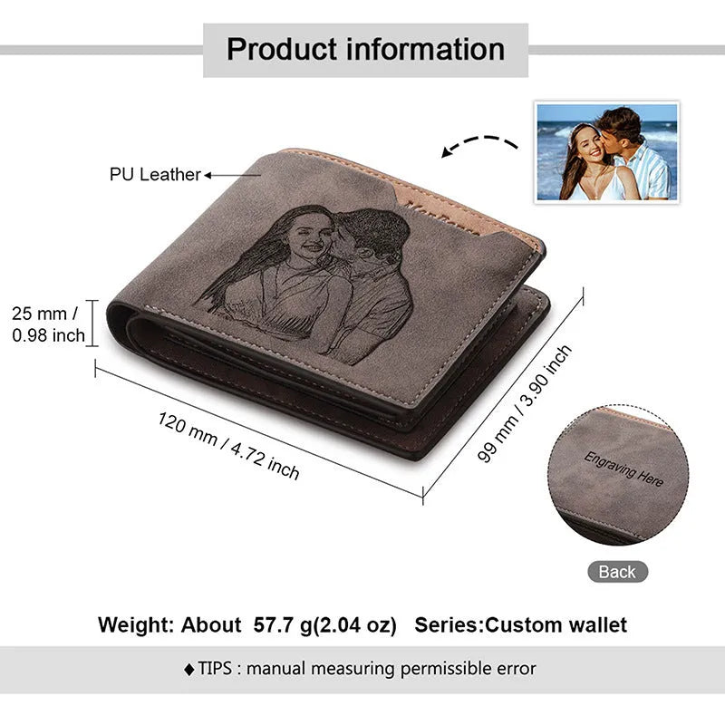 Coffee brown PU leather horizontal wallet with custom photo engraving and lettering, shown next to a card for scale.