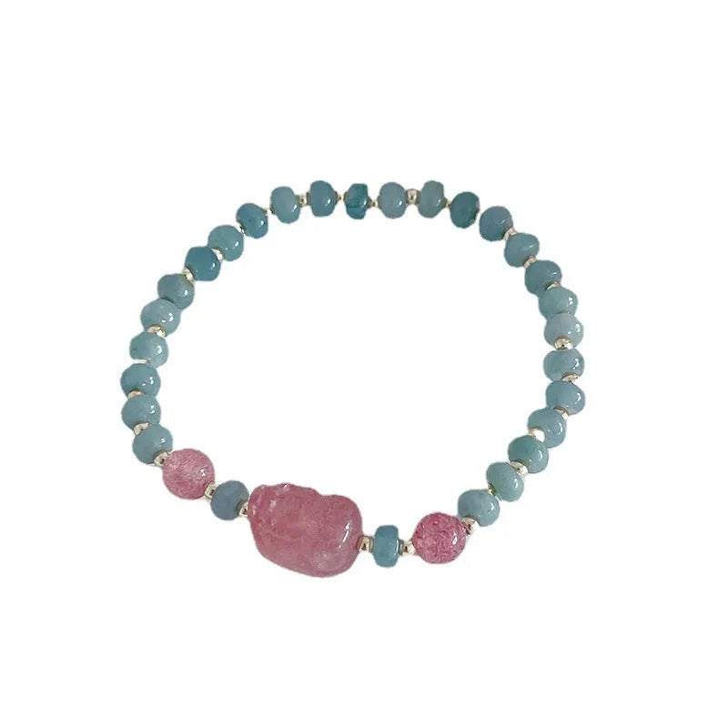 Natural blue water Hetian jade bracelet with carved gourd charm and engraved peace buckle