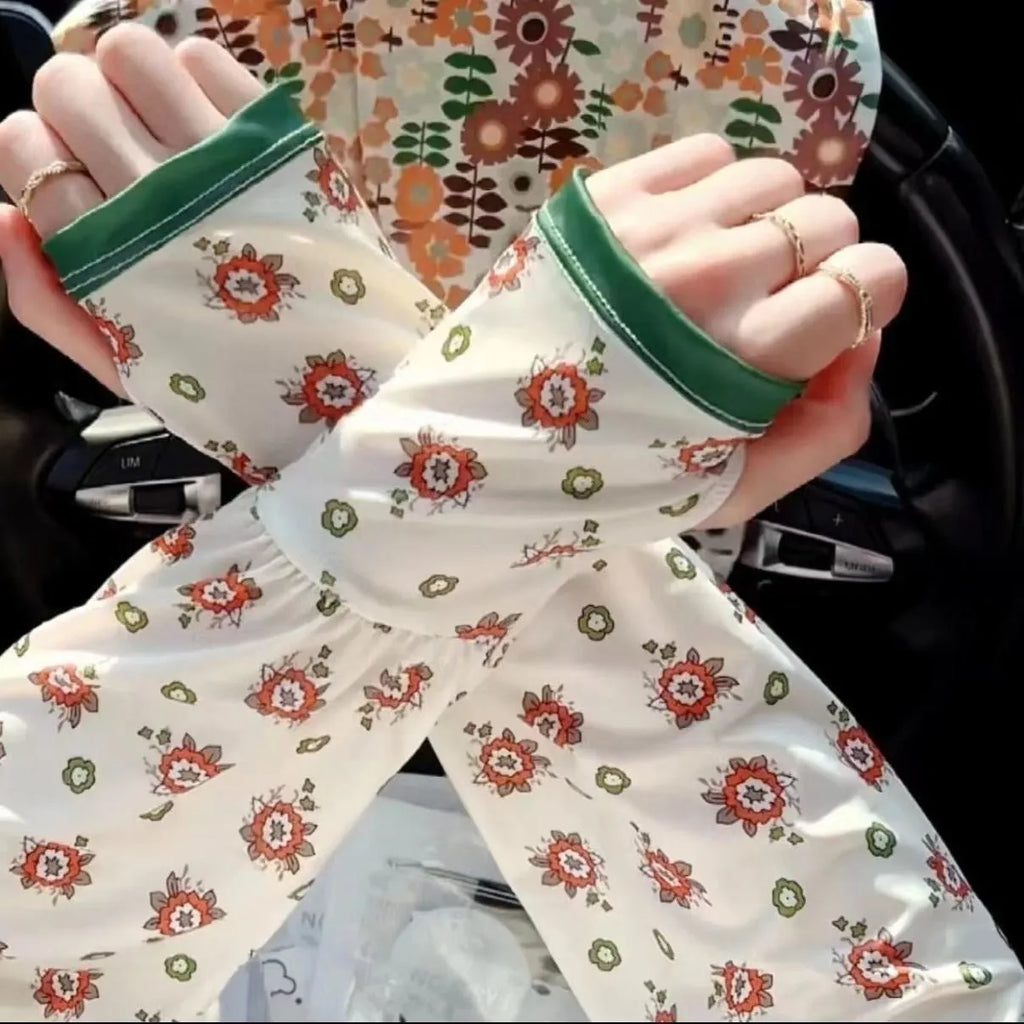 Ice silk printed UV protection oversleeve gloves with floral patterns and full elbow coverage