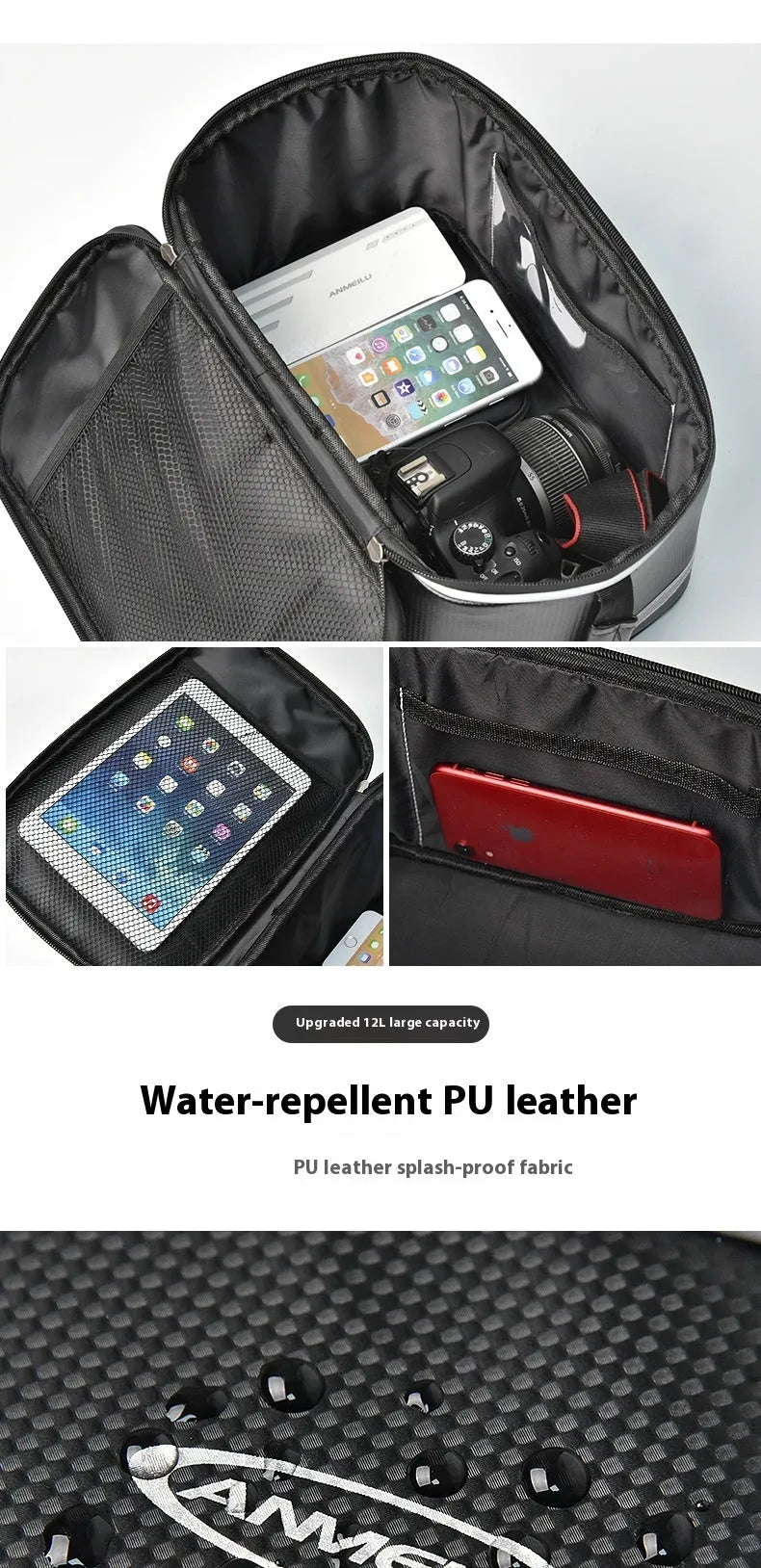 Black waterproof PU leather car bag for bicycle gear storage with 12L capacity