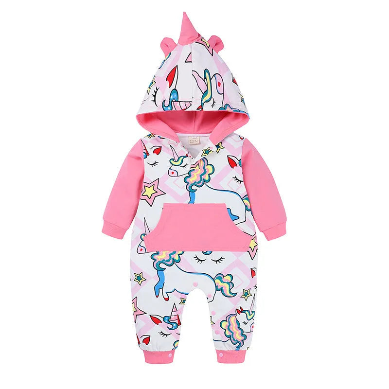 Dinosaur baby bodysuit in grey, blue, or pink with long sleeves, hood, and cotton fabric, Europe and America style