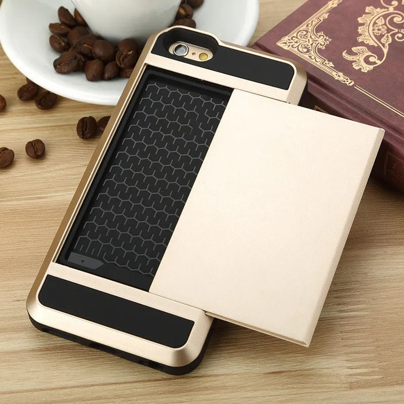 Card phone case for iPhone with TPU PC hard back, solid colour, and metal stamping finish on a black and gold model.