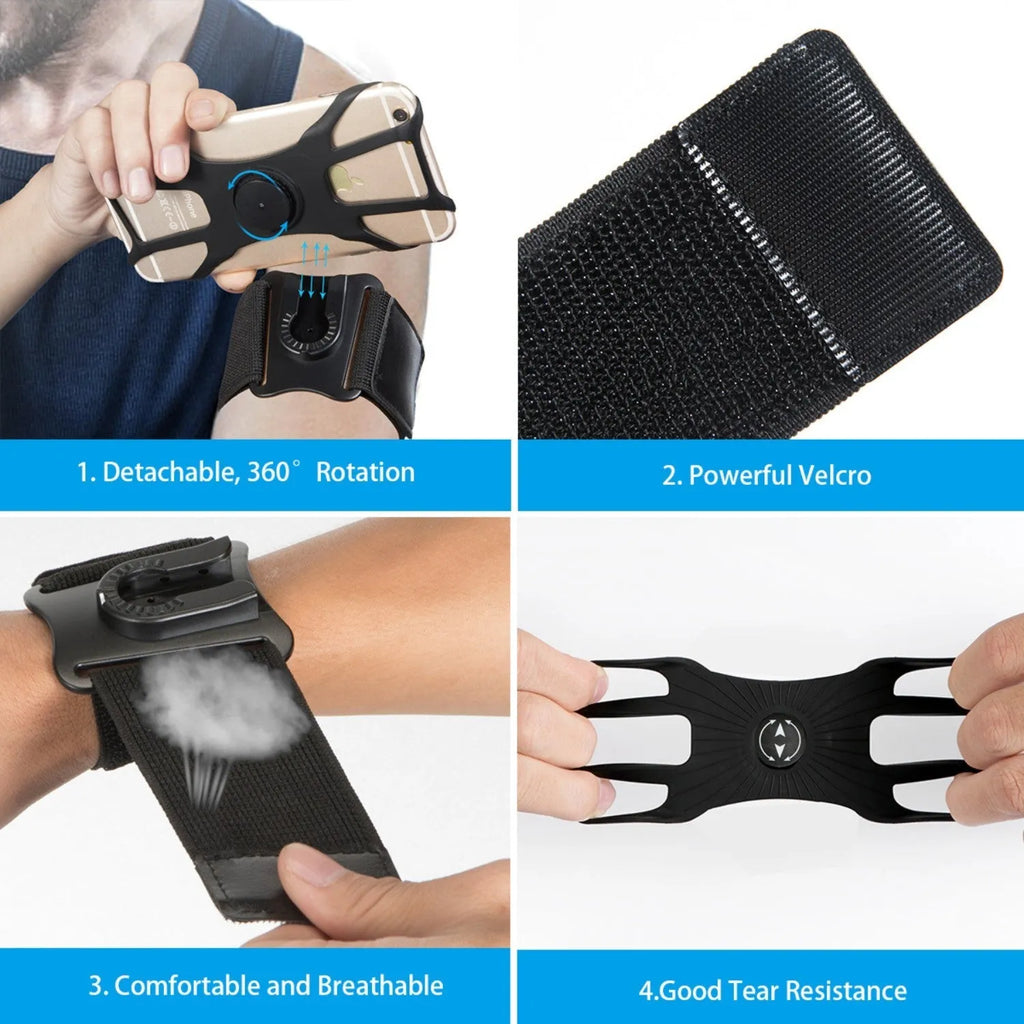 Black sports phone case with detachable arm and wrist strap on a grey background
