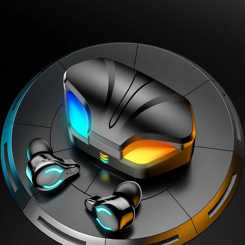 Black in-ear Bluetooth gaming headset for mobile phones with a focus on low-latency audio.