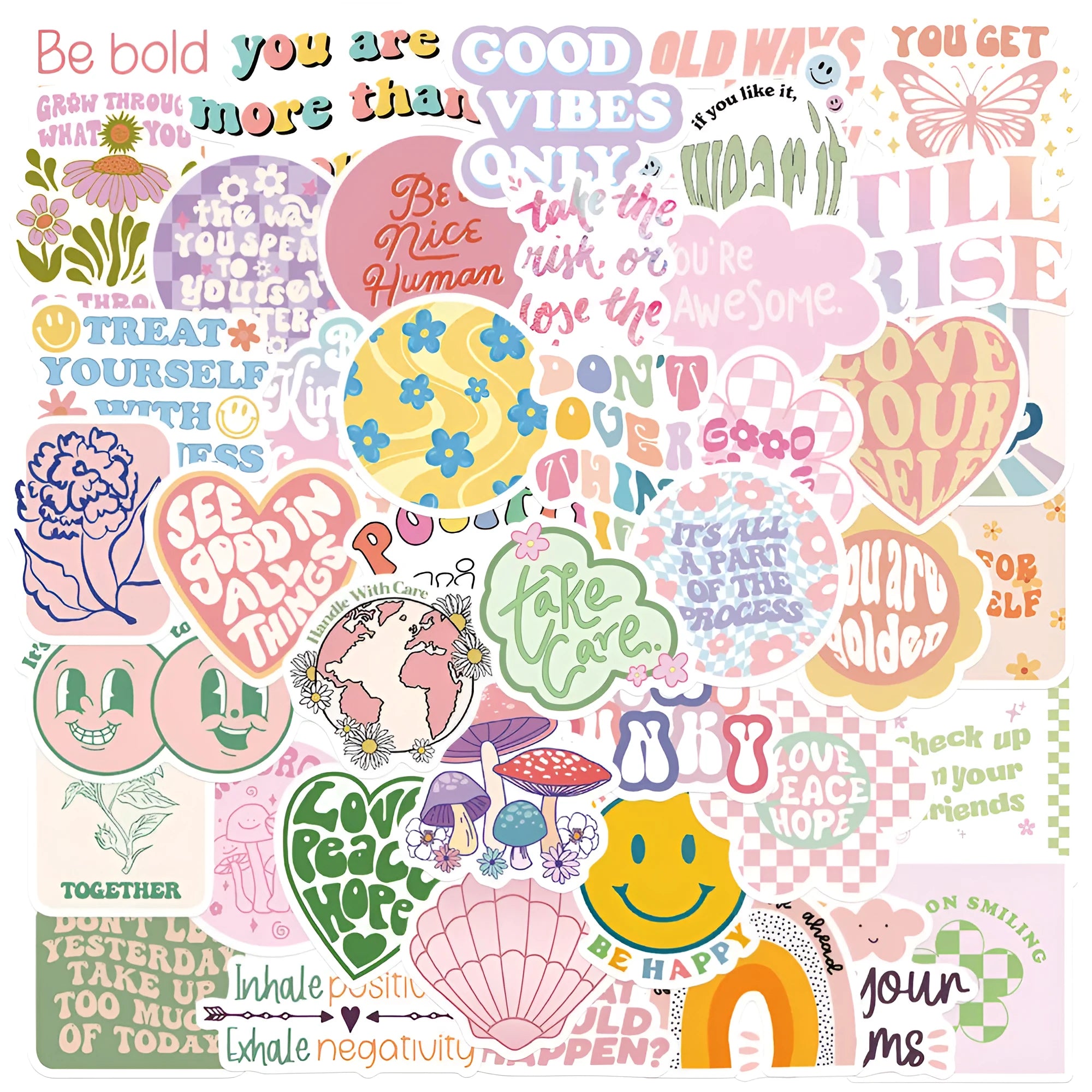 Danish pink motivational statement stickers with graffiti and cartoon designs on a laptop.