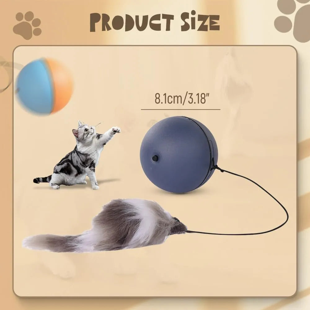 Blue and orange automatic rolling ball pet toy for cats and dogs on a wooden floor.