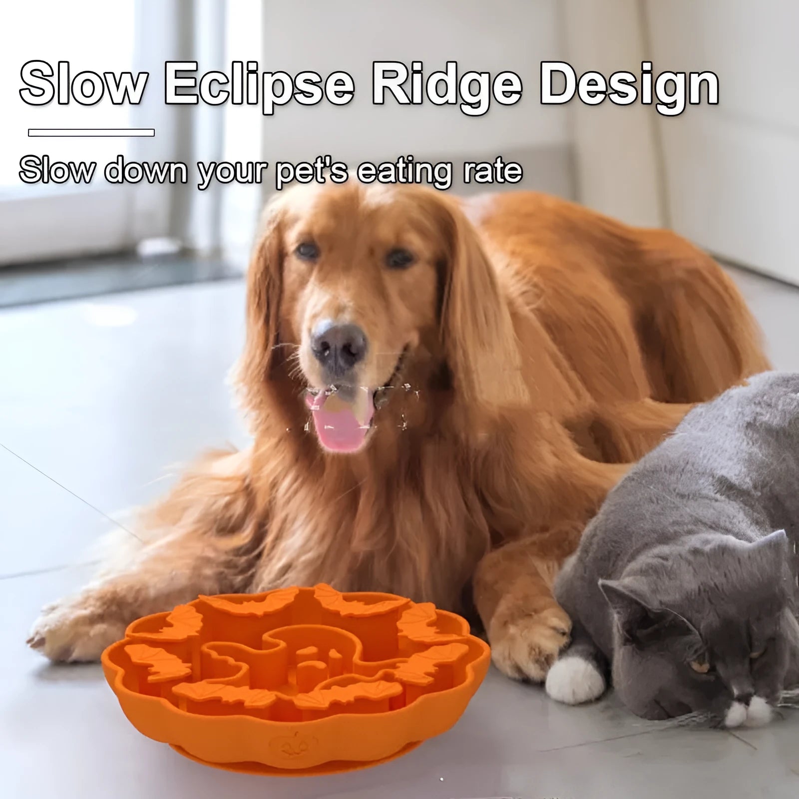 Silicone slow feeder dog bowl with anti-tumble base in Halloween colour theme on a kitchen floor