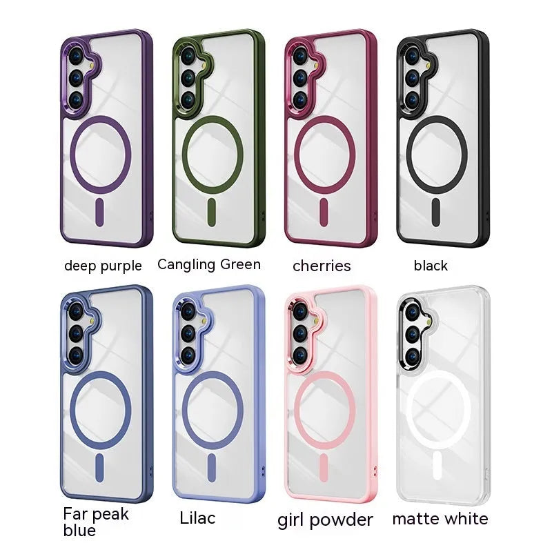 JD transparent magnetic phone case for Samsung S24 with metal lens and drop-resistant TPU acrylic build
