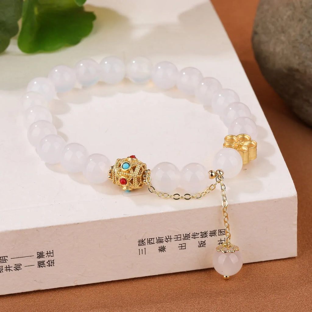 Handmade natural agate bracelet with peach blossom copper parts, 8mm bead size, red and white colour options