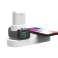Black and white W3 wireless charging station showing Apple Watch charger, phone charging surface and rotating connector dock