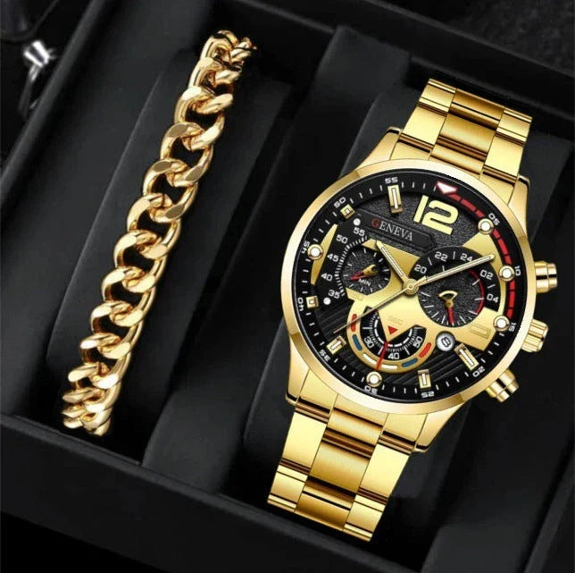 Stylish men's fashion watch and bracelet set with stainless steel case and leather strap, perfect for Valentine's Day gift