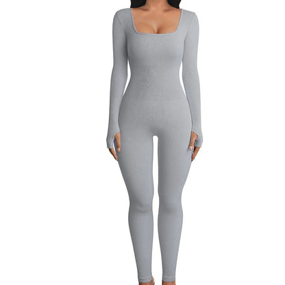 Women's stylish yoga jumpsuit with square neckline and long sleeves, available in a variety of colors.