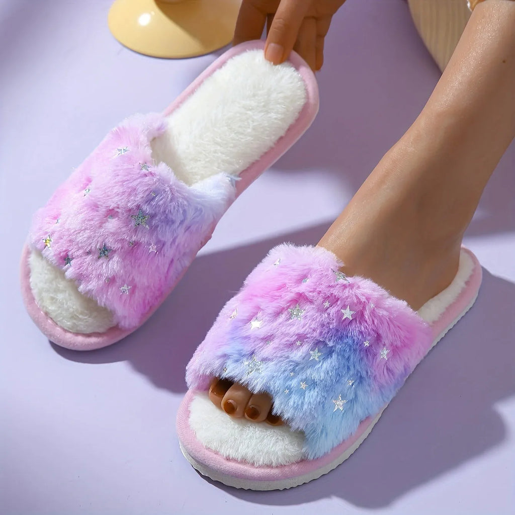 Women's open-toe fluffy cotton slippers with gradient suede upper and EVA sole in pink or blue and purple