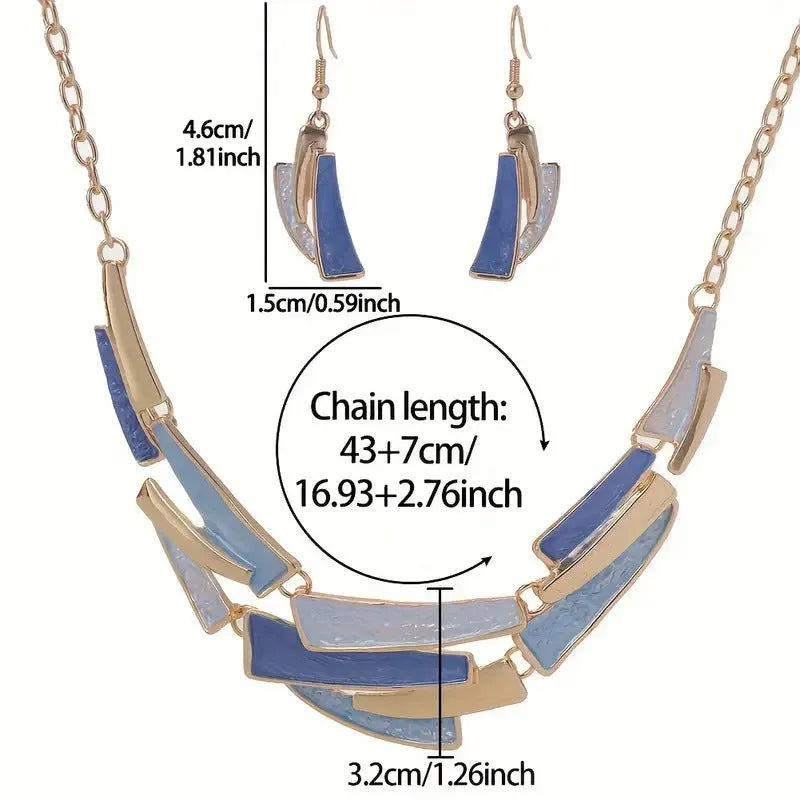 Blue zinc alloy necklace and earrings set with twist link chain and irregular quadrilateral alloy pendant for women