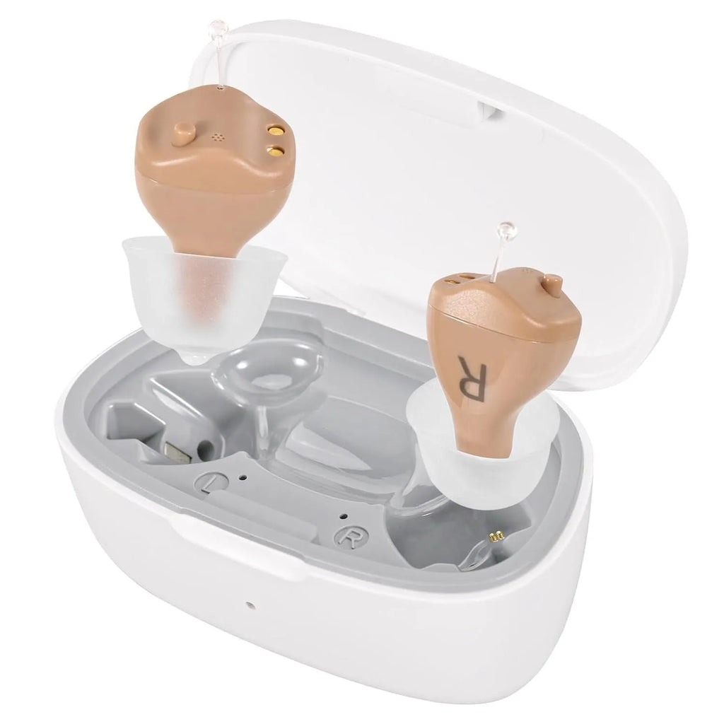 Portable in-ear hearing aid sound amplifier with USB charging, plastic body, colour options